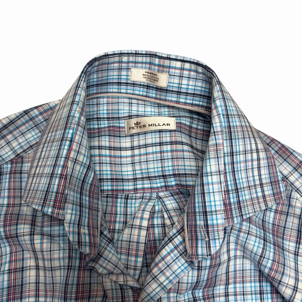 Peter Millar Shirt Mens Medium Red Black Blue Check Long Sleeve Button Cotton